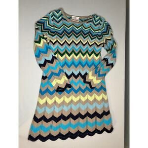 Hanna Andersson Chevron Knit Sweater Dress Girls 6/7 Blue Zig Zag Long Sleeve